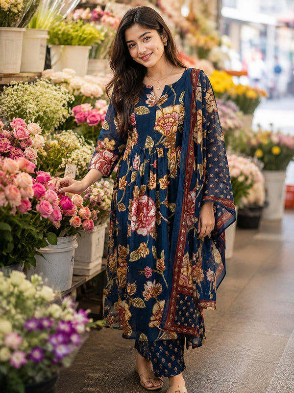 Blue Cotton Floral Printed Kurta & Pant With Dupatta