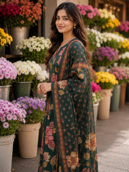 Green Cotton Floral Printed Kurta & Pant With Dupatta
