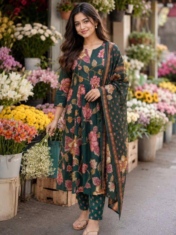Green Cotton Floral Printed Kurta & Pant With Dupatta