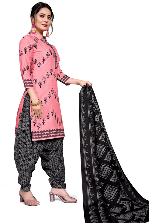 Peach Cotton Blend Printed Unstitched Salwar Suit Material
