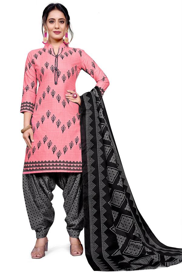 Peach Cotton Blend Printed Unstitched Salwar Suit Material