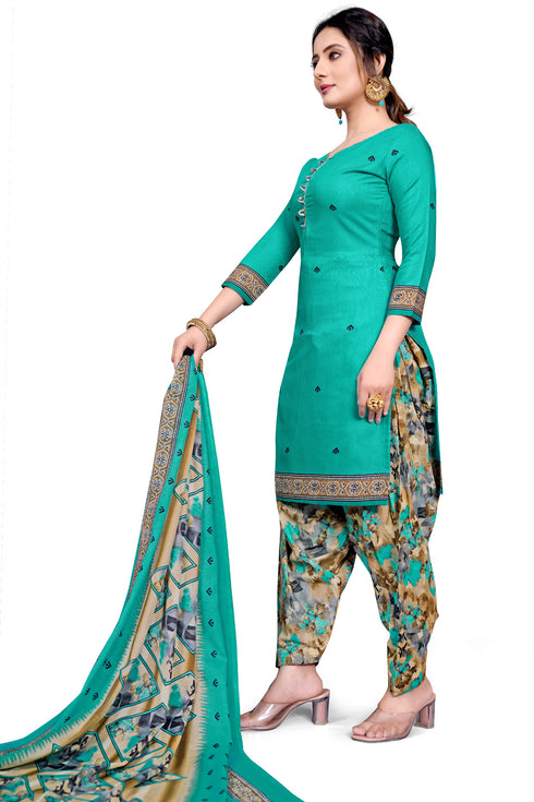 Sea Green Cotton Blend Printed Unstitched Salwar Suit Material
