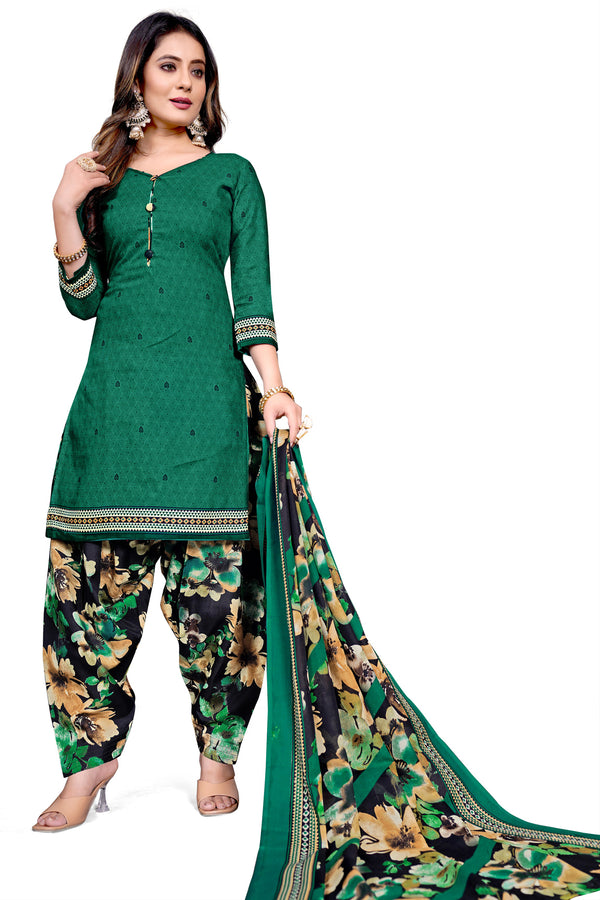 Green Cotton Blend Printed Unstitched Salwar Suit Material