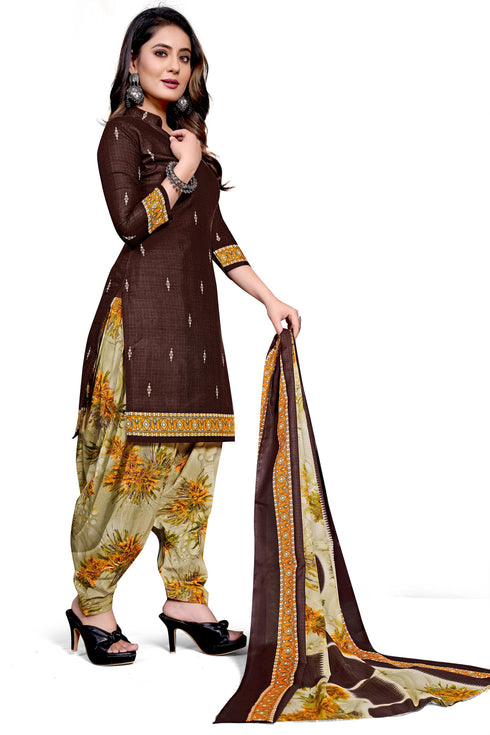 Brown Cotton Blend Printed Unstitched Salwar Suit Material