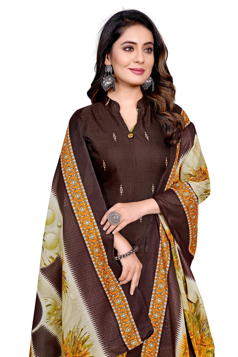 Brown Cotton Blend Printed Unstitched Salwar Suit Material