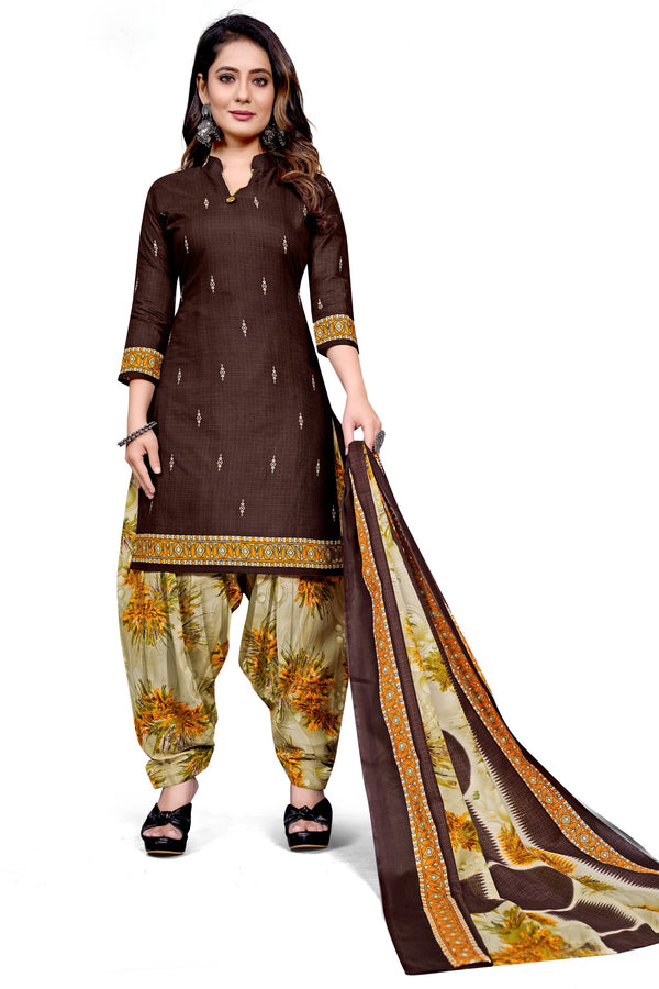 Brown Cotton Blend Printed Unstitched Salwar Suit Material