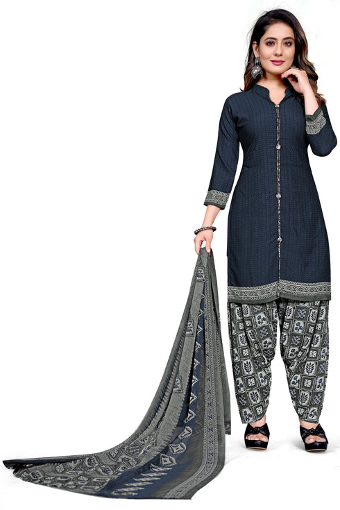 Navy Blue Cotton Blend Printed Unstitched Salwar Suit Material