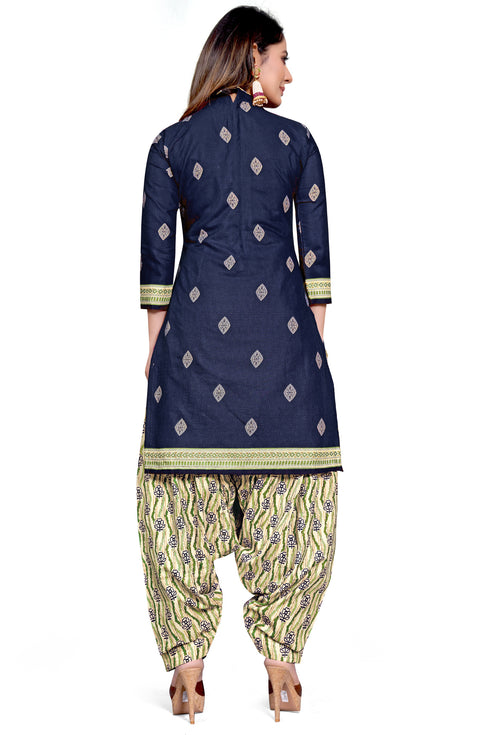 Navy Blue Cotton Blend Printed Unstitched Salwar Suit Material