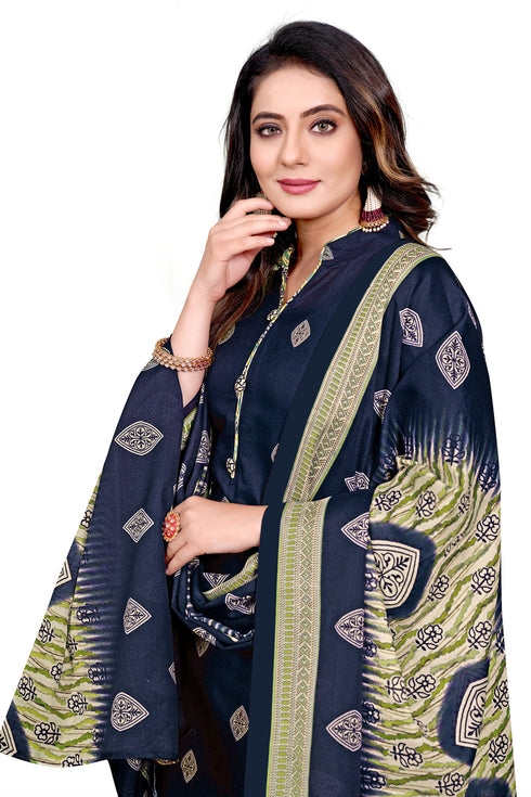 Navy Blue Cotton Blend Printed Unstitched Salwar Suit Material