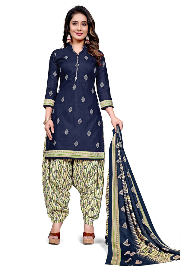 Navy Blue Cotton Blend Printed Unstitched Salwar Suit Material
