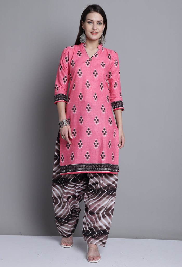 Light Pink Polyester Cotton Printed Salwar Suit with Dupatta