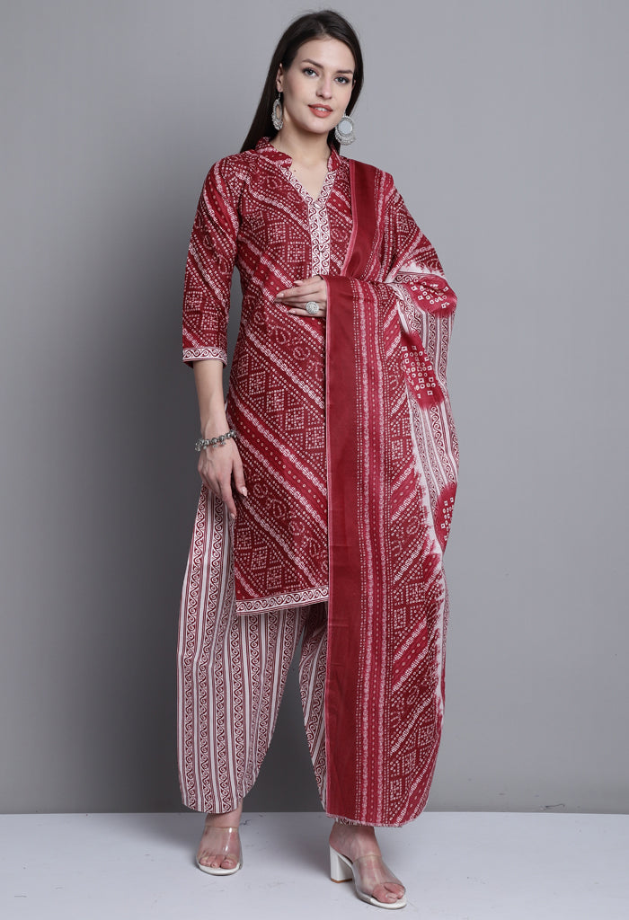Maroon Polyester Cotton Printed Salwar Suit with Dupatta