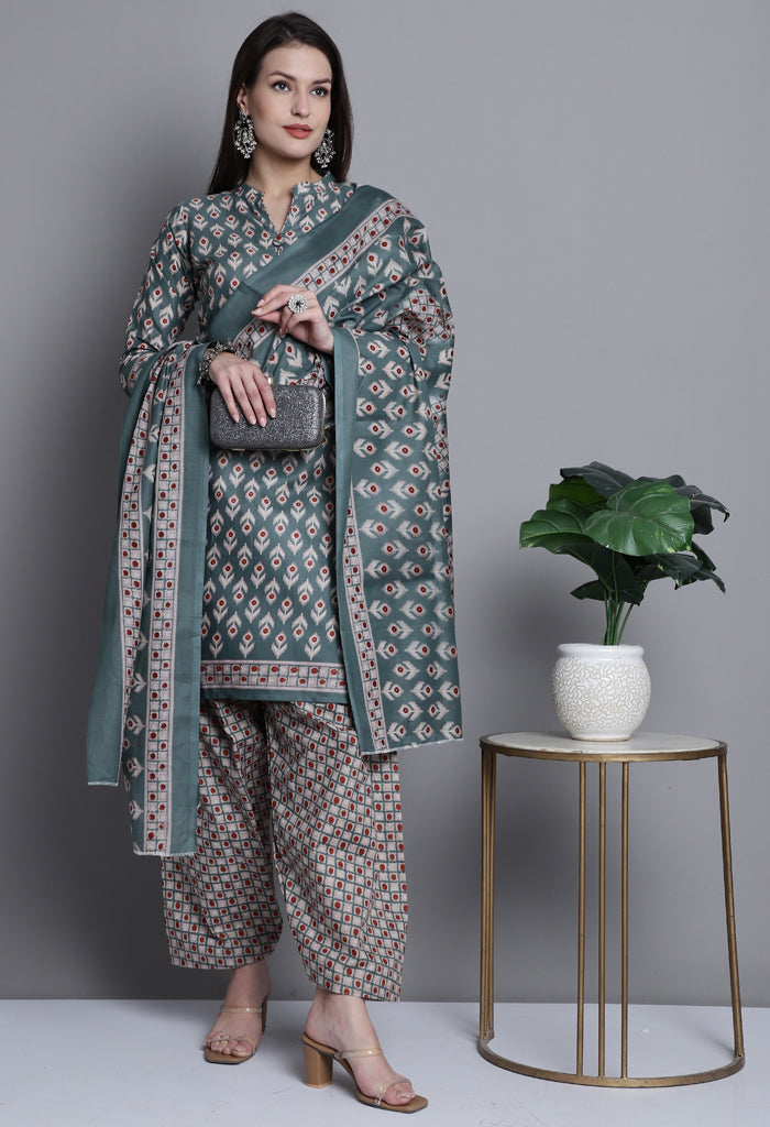 Light Green Polyester Cotton Printed Salwar Suit with Dupatta