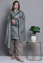 Load image into Gallery viewer, Light Green Polyester Cotton Printed Salwar Suit with Dupatta
