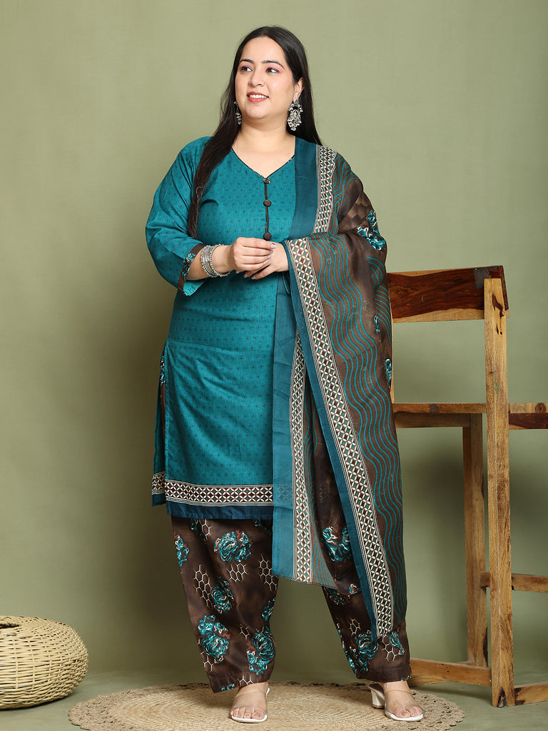 Green Cotton Blend Printed Ready to Wear Patiala Salwar Suit