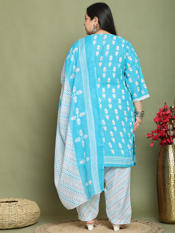 Teal Cotton Blend Printed Ready to Wear Patiala Salwar Suit