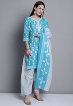 Load image into Gallery viewer, Teal Polyester Cotton Printed Salwar Suit with Dupatta