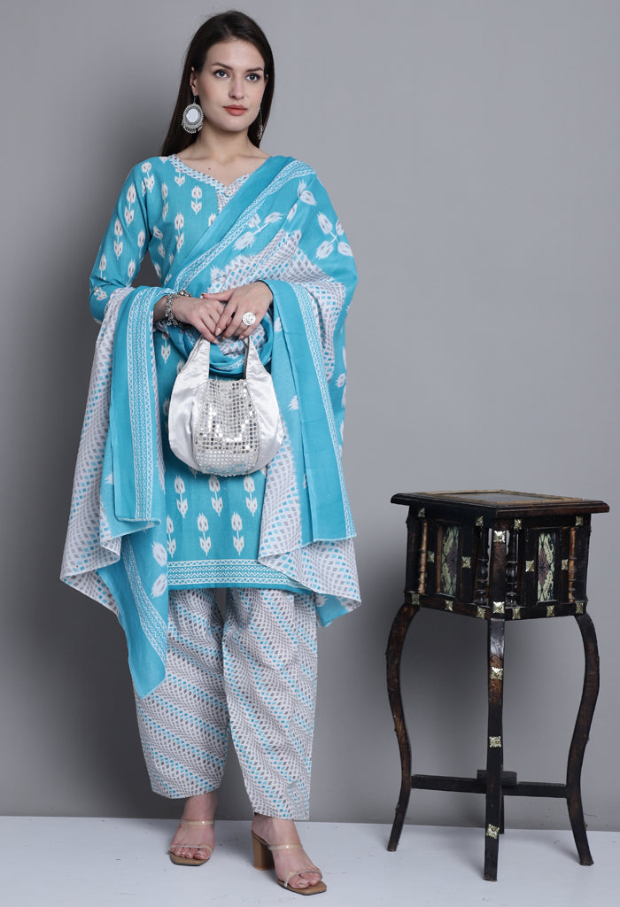 Teal Polyester Cotton Printed Salwar Suit with Dupatta