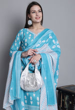 Load image into Gallery viewer, Teal Polyester Cotton Printed Salwar Suit with Dupatta
