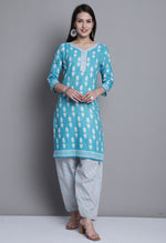 Load image into Gallery viewer, Teal Polyester Cotton Printed Salwar Suit with Dupatta
