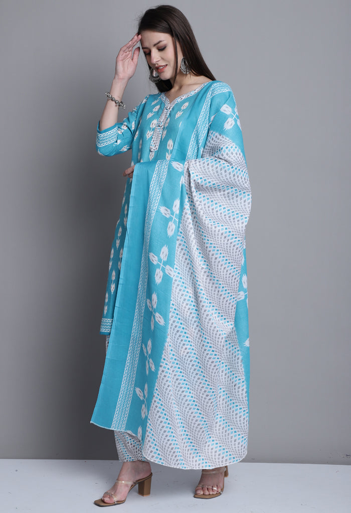 Teal Polyester Cotton Printed Salwar Suit with Dupatta