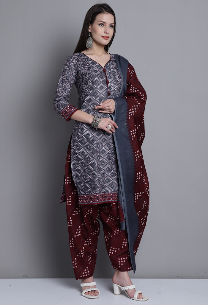 Grey Polyester Cotton Printed Salwar Suit with Dupatta