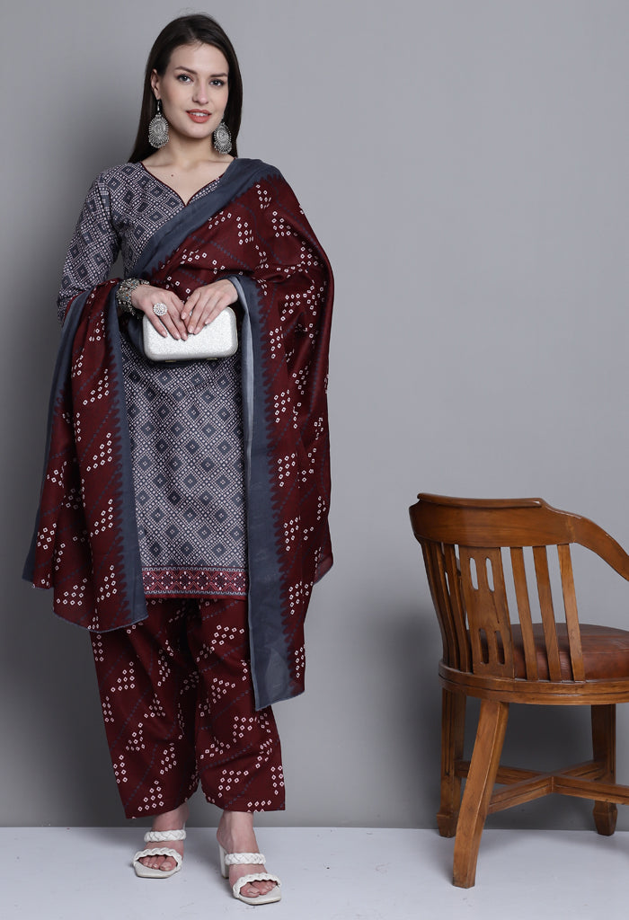 Grey Polyester Cotton Printed Salwar Suit with Dupatta