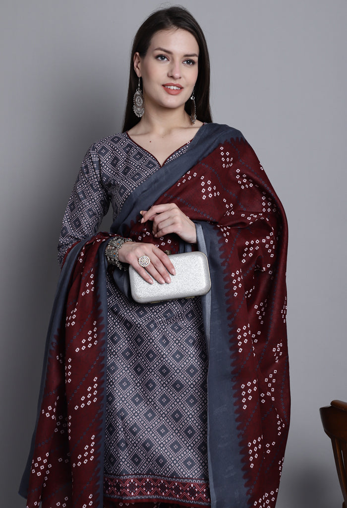 Grey Polyester Cotton Printed Salwar Suit with Dupatta
