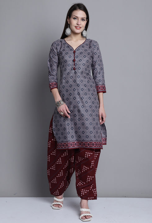 Grey Polyester Cotton Printed Salwar Suit with Dupatta
