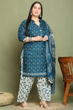 Green Cotton Blend Printed Ready to Wear Patiala Salwar Suit