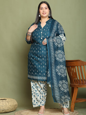 Green Cotton Blend Printed Ready to Wear Patiala Salwar Suit