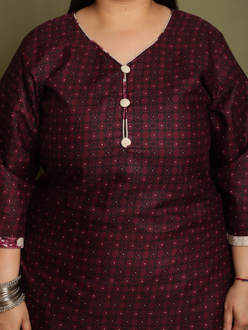 Wine Cotton Blend Printed Ready to Wear Patiala Salwar Suit