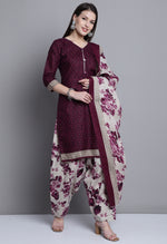 Load image into Gallery viewer, Wine Polyester Cotton Printed Salwar Suit with Dupatta
