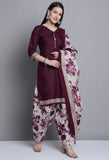 Wine Polyester Cotton Printed Salwar Suit with Dupatta