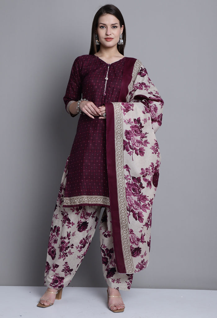 Wine Polyester Cotton Printed Salwar Suit with Dupatta