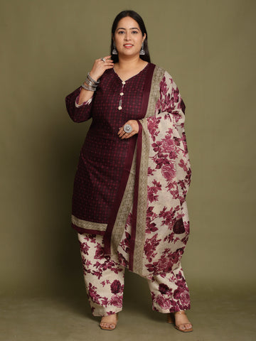 Wine Cotton Blend Printed Ready to Wear Patiala Salwar Suit