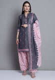 Grey Polyester Cotton Printed Salwar Suit with Dupatta