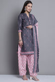 Grey Polyester Cotton Printed Salwar Suit with Dupatta