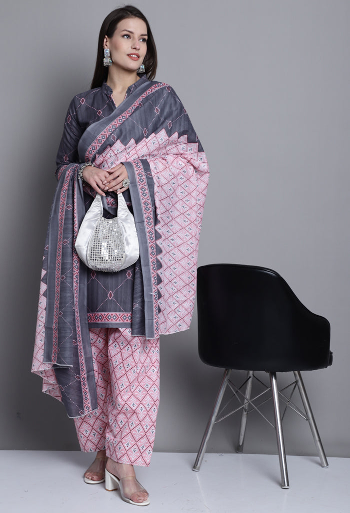 Grey Polyester Cotton Printed Salwar Suit with Dupatta