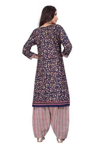 Navy Blue Cotton Blend Printed Ready to Wear Patiala Salwar Suit