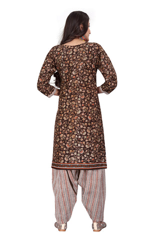 Brown Cotton Blend Printed Ready to Wear Patiala Salwar Suit