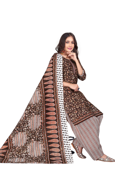 Brown Cotton Blend Printed Ready to Wear Patiala Salwar Suit