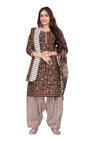 Brown Cotton Blend Printed Ready to Wear Patiala Salwar Suit