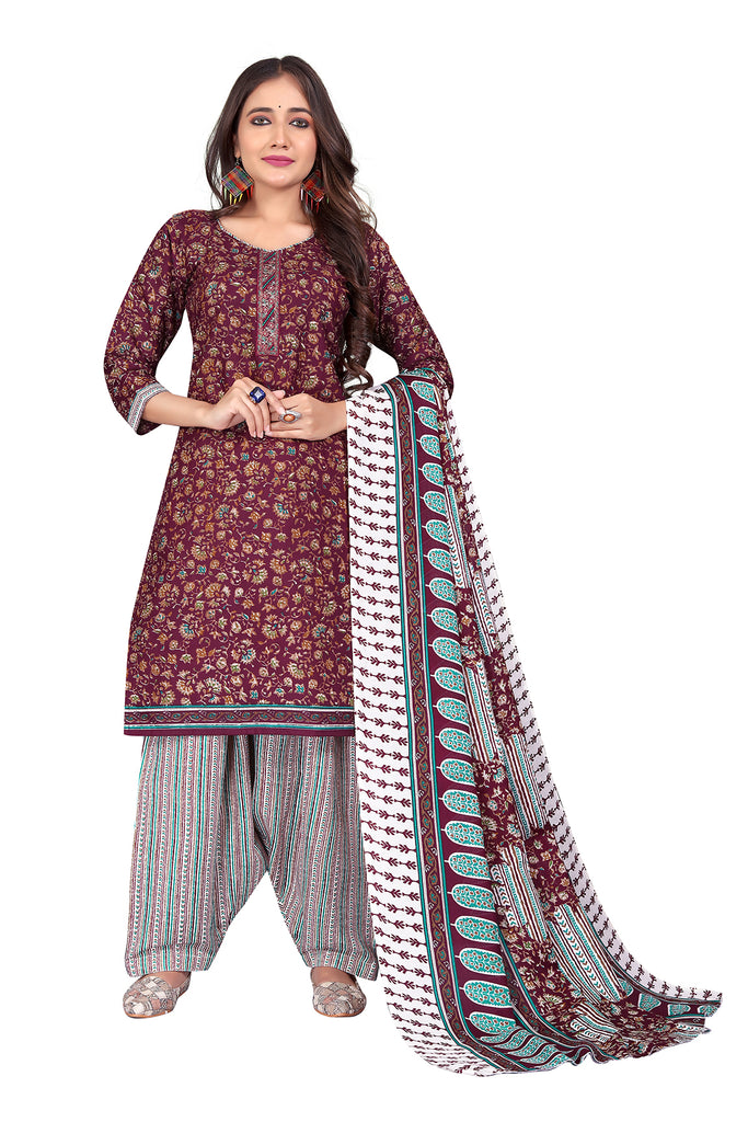 Wine Cotton Blend Printed Ready to Wear Patiala Salwar Suit