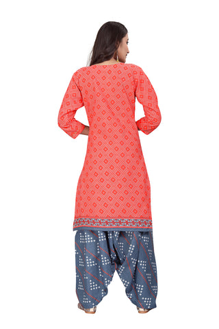 Orange Cotton Blend Printed Ready to Wear Patiala Salwar Suit