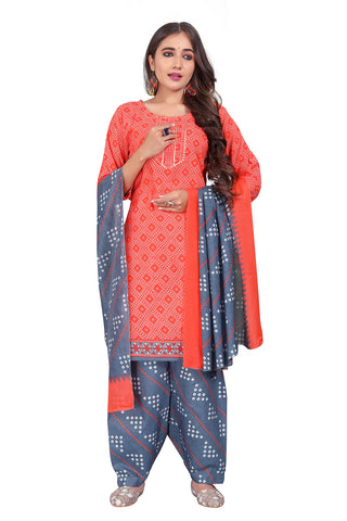 Orange Cotton Blend Printed Ready to Wear Patiala Salwar Suit