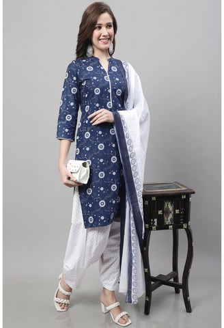 Navy Blue Cotton Printed Salwar Suit
