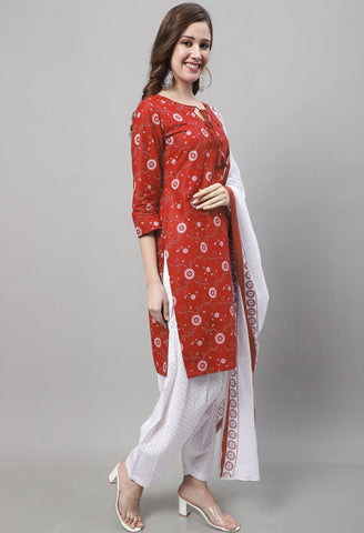 Red Cotton Printed Salwar Suit
