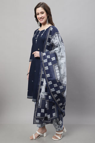 Navy Blue Cotton Printed Ready to Wear Patiala Salwar Suit