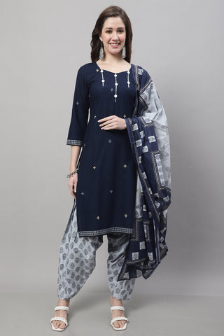 Navy Blue Cotton Printed Ready to Wear Patiala Salwar Suit